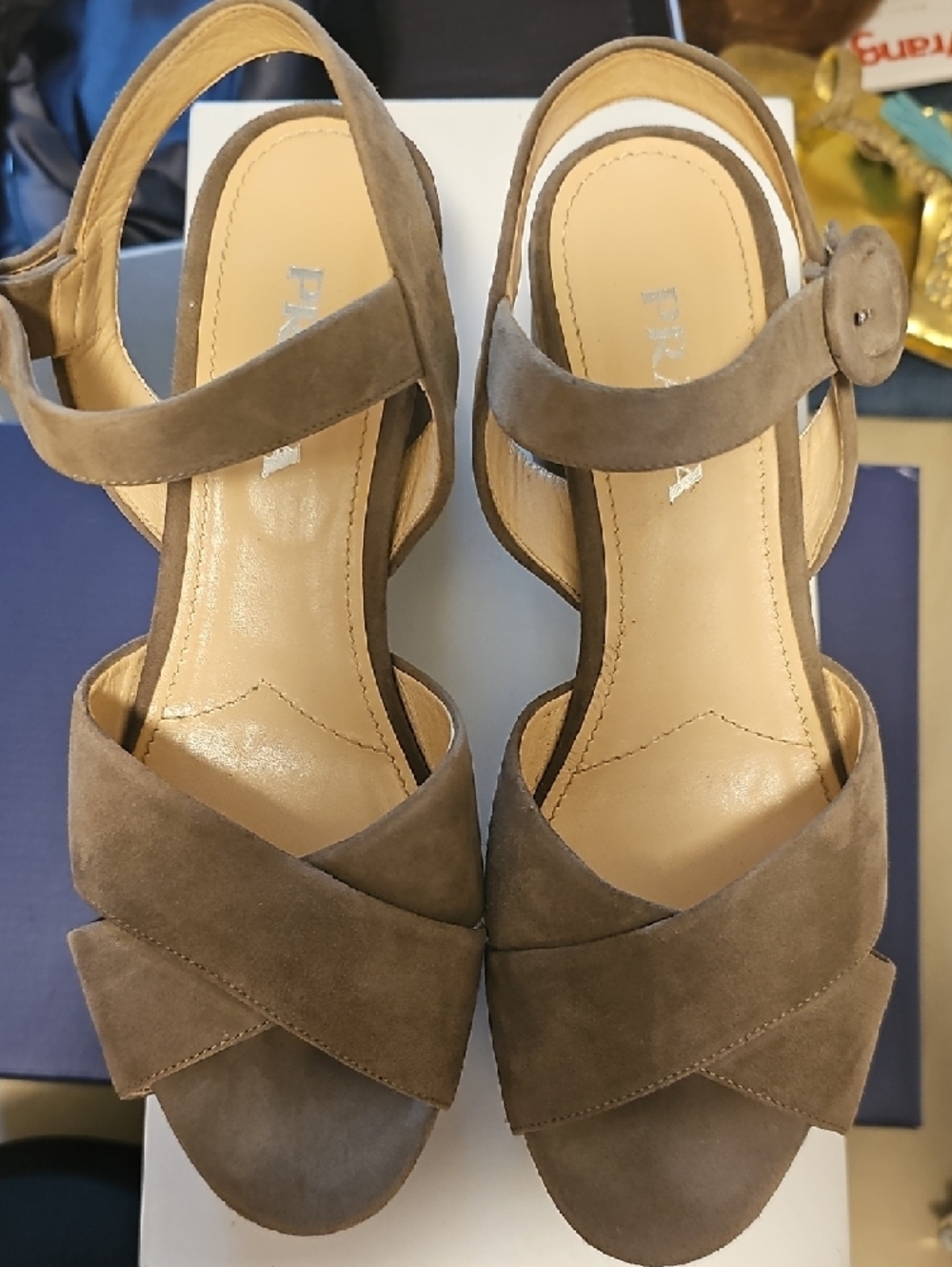 Prada Taupe Suede Crisscross Ankle-Strap Heels - Picture 2 of 7